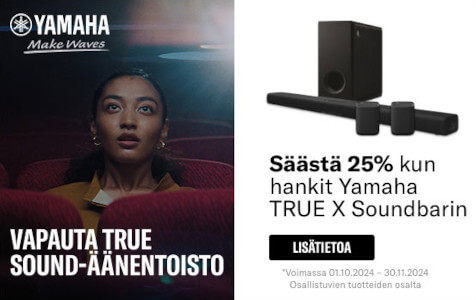 Saat 25% rahaa takaisin, kun ostat kampanjaan kuuluvan Yamaha Soundbarin kampanja-aikana. Lisätietoja tuotesivuilla.