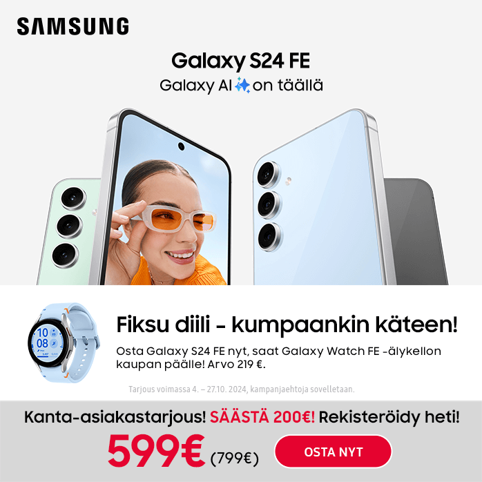 Fiksu diili - kumpaankin käteen. Osta Galaxy S24 FE nyt, niin saat Galaxy Watch FE -älykellon kaupan päälle!