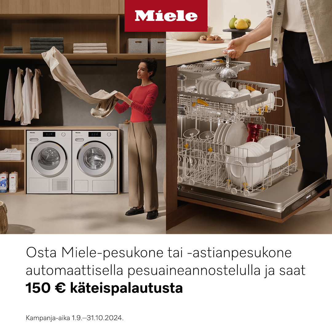 Osta Miele -pesukone tai -astianpesukone automaattisella pesuaineannostelulla ja saat 150€ rahaa takaisin!