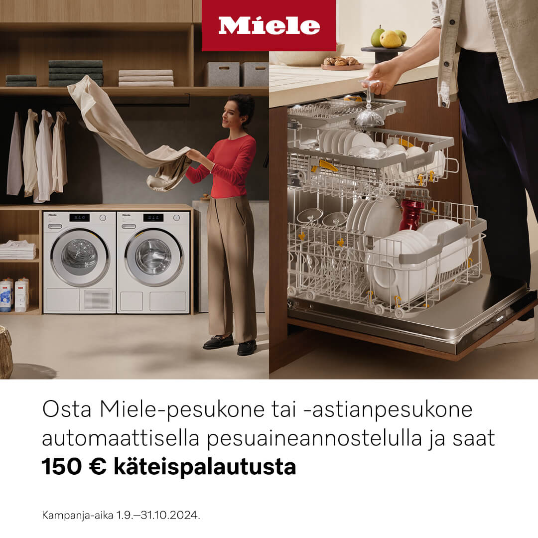 Osta Miele -pesukone tai -astianpesukone automaattisella pesuaineannostelulla ja saat 150€ rahaa takaisin!