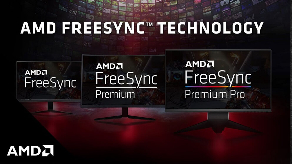 Kolme AMD FreeSync näyttöä, joissa lukee kolme eritasoista FreeSync-synkrotointitekniikkaa: FreeSync, FreeSync Premium ja FreeSync Premium Pro