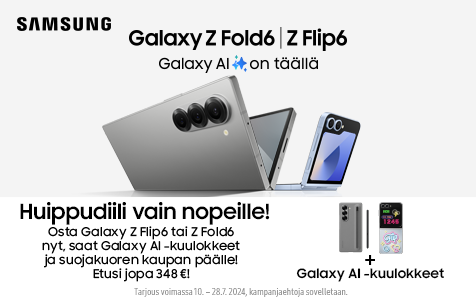 Huippudiili vain nopeille! Osta Galaxy Z Flip6 tai Z Fold6 nyt, niin saat Galaxy AI -kuulokkeet ja suojakuoren kaupan päälle. Etusi jopa 348€! Tarjous voimassa 28.7. saakka.