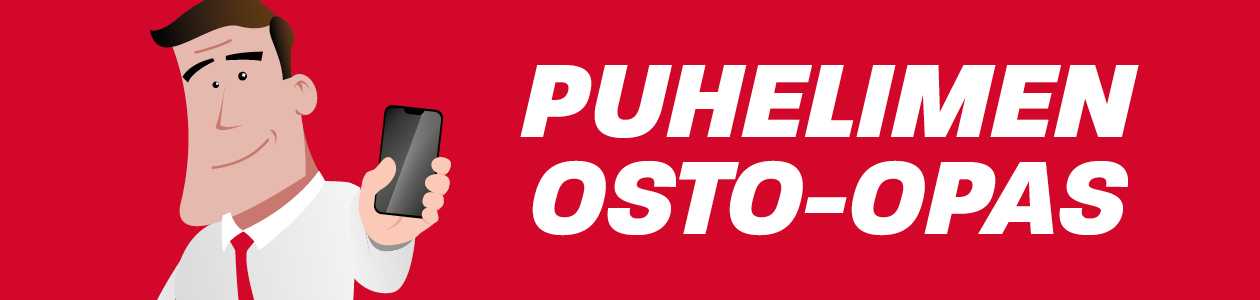 Kuvituskuva, jossa Veikko hahmo pitää kädessään älypuhelinta. Kuvassa lukee Puhelimen osto-opas.