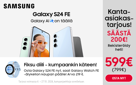 Fiksu diili - kumpaankin käteen. Osta Galaxy S24 FE nyt, niin saat Galaxy Watch FE -älykellon kaupan päälle!